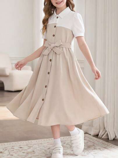 8-12 岁女孩时尚休闲连衣裙，撞色领子拼布连衣裙，淑女风格，适合休闲度假，送给女孩的绝佳礼物