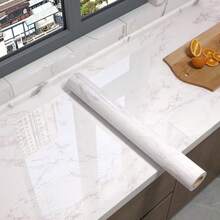1pc White Glossy Faux Marble Peel And Stick Wallpaper, Waterproof Heat Resistant Non-Stick Kitchen Cabinet Drawer Renovation Wallpaper - White - View 7