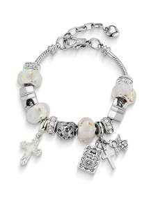 1pc Y2K Charm Bracelet, 1pc Cross Charm Bracelet, Retro Streetwear Fashion Bracelet, 1pc Cross & Heart Charm Bracelet, Glow-In-The-Dark Bracelet - Silver - View 8