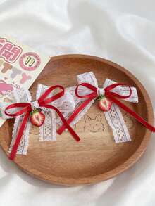 2pcs Cute Red Strawberry Pendant & Bow Hair Clips - Red - View 4