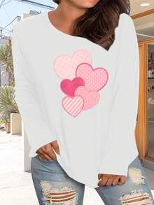 2026 Plus Size "Love And Heart" Print Long Sleeve Plus Size, Soft And Breathable Polyester Fiber, Medium Elasticity, Machine Washable, Women's Casual Long Sleeve Round Neck Pattern Print T-Shirt Plus Size, Fashion Style, Casual Plus Size Long Sleeve T-Shirt, Women's Clothing, Valentine's Day Hoodie For Couples, New Year Outfit For Women, Women's Tops - màu đen - Xem 10