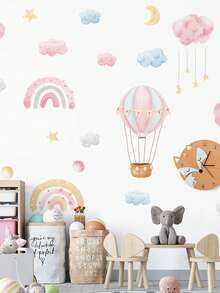 1pc Pink Hot Air Balloon, Moon, Star, Cloud Wall Sticker - Removable Decal, Suitable For Baby Girl Nursery, Bedroom, Baby Shower Party Home Decor Gift - Pink - View 1