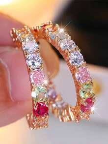 1 đôi bông tai khoen tròn đính đá Zirconia màu hồng đỏ cầu vồng lấp lánh, sang trọng dành cho nữ, màu vàng kim, trang sức cưới/sinh nhật cho phụ nữ. - hoa tai - Xem 7