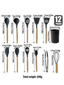 Bộ 12 món dụng cụ nấu ăn chất lượng cao cán gỗ, cán silicon, kèm hộp đựng, bền và dễ vệ sinh, chịu nhiệt, bộ thìa, muỗng, dụng cụ nhà bếp thiết thực, hộp quà tặng. - Nhiều màu - Xem 13