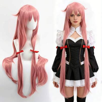 Stylish Women's Extra Long Straight Pink Synthetic Wig With Bangs, Low Ponytail & 2 Red Bows, Heat Resistant High-Temperature Fiber Hair, Glueless Natural-Looking Wig For Holiday Party Costumes Cosplay Christmas Gatherings Anime Outfits, Comfortable Durable Beginner-Friendly Festive Accessory, Perfect For Comic Con Cartoon Character Looks, Birthday Gift For Her