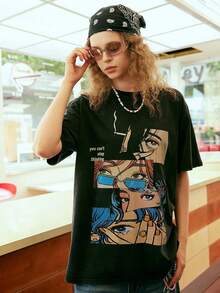 Laixton Men's Pattern T-Shirt Unisex Cotton Oversized T-Shirt Short Sleeve Retro Streetwear Casual T-Shirt Top Comfortable Washed Cotton T-Shirt - 復古美學黑色 - 查看 5
