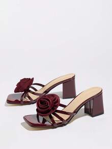 Women's Burgundy Satin Jacquard 3D Rose Square Toe Block Heel Mule Sandals For Party, Wedding, Evening Date, Vacation - Burgundy - View 5