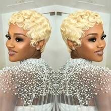 4 Inch Fingerwave Pixelated Curly Wig, Brazilian Remy Human Hair 613 Blonde Full Lace Wig, Deep Wave Curly Rose Net Cap - S613 - View 4