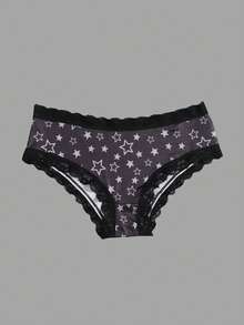 Dircho 5件套女士星空印花三角裤套装，月亮星星图案，可爱脸型，黑色蕾丝边，柔软面料，深色调，日常舒适内衣，梦幻休闲风格 - 彩色 - 查看 10