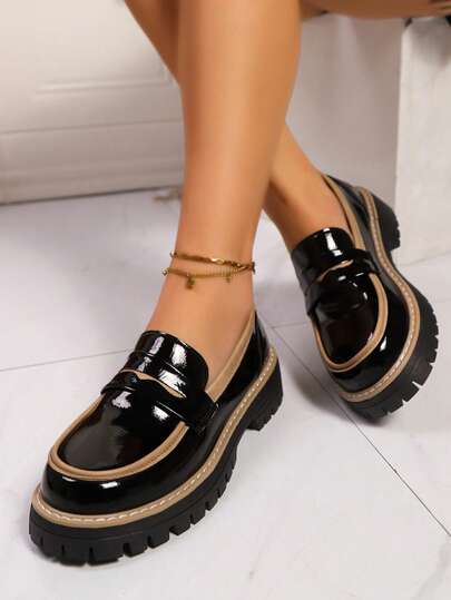 Neue Damen Loafer mit dicker Sohle, modisch vielseitig, Lederobermaterial, Slip-On, runde Zehenform, Farbe Schwarz, für Frühling/Herbst