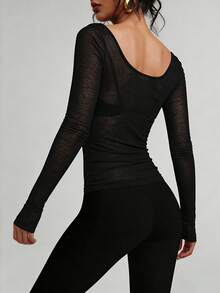 FLEXCHIC 弹力透视长袖圆领修身休闲上衣 - 黑色 - 查看 5