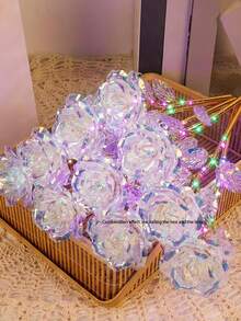 6pcs Artificial Rose Flowers, Valentine's Day Gift, Gift For Mom, Girlfriend, Sister, Wife, Grandma, Galaxy Rose Glass Flower, Preserved Rose, PVC Material With Stem Fake Flowers, Colorful Plastic Simulation Flowers - Color White - View 7