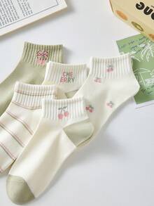 5 Paar Damen süße atmungsaktive Kirsche Schleife gestreifte kurze unsichtbare Socken, Knöchelsocken/Kniestrümpfe, weiße Socken, grüne Socken, geeignet für den täglichen Lässig-Stil, ganzjährig - Verschiedenfarbig - Übersicht 6