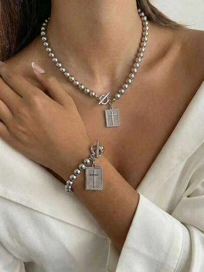 ZIRUISP Cross Charm Beaded Necklace Bracelet Set For Women, OT Clasp Ball Chain Necklace Bracelet Set, Y2K Aesthetic, Fashion Minimalist Jewelry Valentines Day Gift For Girlfriend Mom