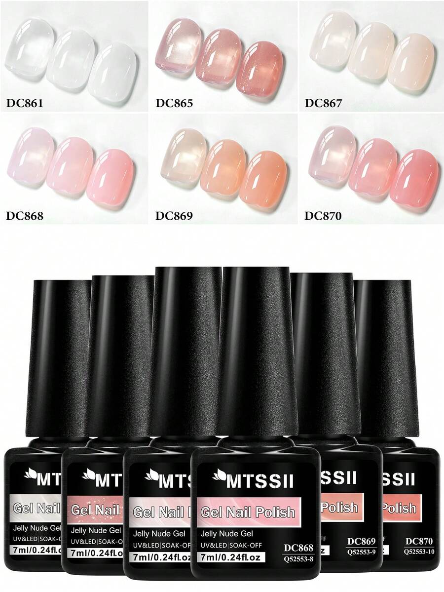 Mtssii 6pcs 7ml Nude Pink Jelly Crystal Gel Nail Polish Set Acrylic Translucent Nude With Sheer Ice Clear Effect Nail Glue Spring Summer Semi Permanent UV Gel Varnish Diy French Manicure Nail Art For Home Salon Gift For Women - 彩色 - 查看 1