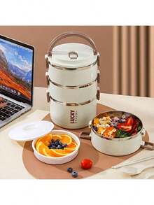 Large-Capacity, Multi-Layer Insulated, Lidded Round Lunch Box Is The Perfect Gift For Thanksgiving, Christmas, And Halloween, And Is Ideal For Commuting, School, And Outdoor Use. - Apricot 3-layer - View 1