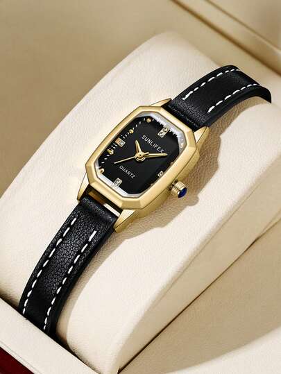 1pc Luxury Vintage Gold-Tone Rectangular Small Dial Women's Wrist Watch, Exquisite Sparkling Diamond Markings, Elegant Elegant, Fashionable Minimalist Color Scheme, High-Quality Feel, Suitable For Any Outfit Or Occasion.
