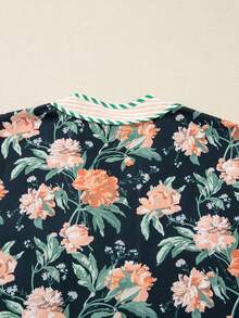 Acelitt Spring Women's Elegant Blue Floral Print Striped Edging V-Neck Long-Sleeved Ruffle Skirt Mini Dress - Multicolor - View 7