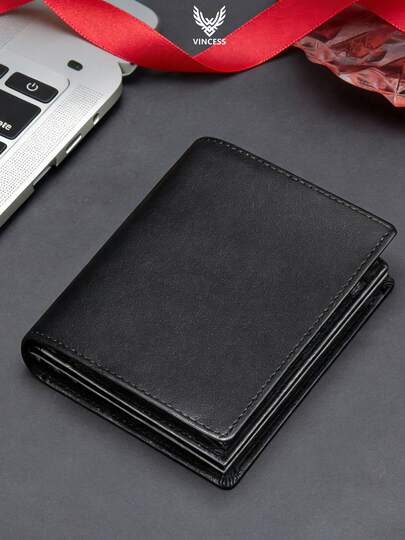  VINCESS Large Capacity Genuine Leather Bifold Wallet/Credit Card Holder, Men's Model, 15 Card Slots, Slim & Minimalist Design With Built-In Cash Strap