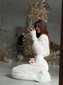 Elegant Solid Color Hollow-Out Knit Sheer Top And High Waist Pants Set, Versatile For Commute, Bohemian Sexy Sheer Beach Vacation And Home Wear - White - View 7