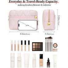 Makeup Bag, Travel Cosmetic Bag, Puffy Padded Toiletry Bag For Women, Makeup Organizer Case, Wide-Open Pouch Purse, Travel Essentials  Valentine's Day Gifts Thanksgiving Day Gifts - 灰藍色 - 查看 2