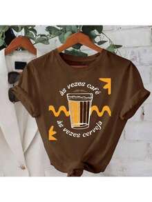 Women's Basic T-Shirt With Printed Phrases For Coffee And Beer Lovers, Comfortable Blouse, 100% Cotton - 鏽棕色 - 查看 2