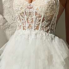 2026新款吊带深V领蕾丝薄纱婚纱，适合婚礼、派对、情人节活动、鸡尾酒会、宴会和其他场合。 - 白色 - 查看 8