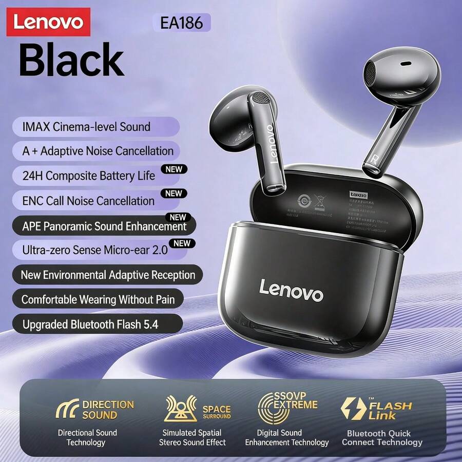 Lenovo EA186 半入耳真無線耳機 無線通話降噪 AI智慧天線強抗干擾 觸控手勢操作 磁吸充電倉 適配安卓與iOS 黑色 - 黑色 - 查看 1