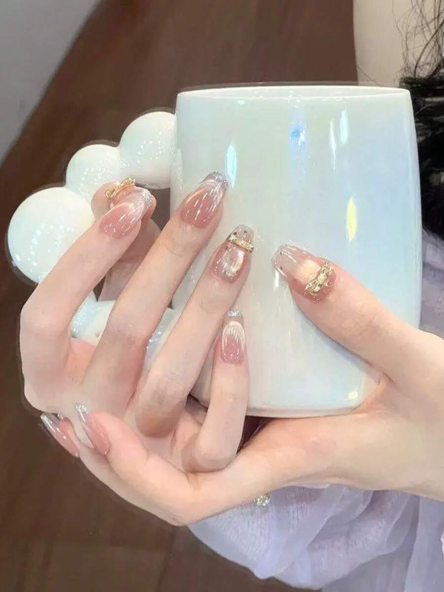 10片甜美粉色渐变手工美甲贴纸，3D蝴蝶结金属装饰猫眼法式美甲贴纸，闪亮全覆盖假指甲，中长棺材形指甲，浪漫风格女士美甲用品 - 粉色 - 查看 1