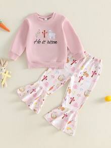 Conjunto de 2 piezas de sudadera de manga larga con cuello redondo bordado y pantalones acampanados estampados para niña pequeña de Pascua - Rosa - Ver 6