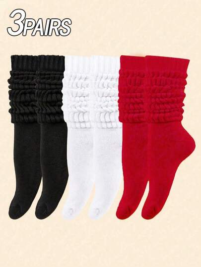 3 Pairs Women's Socks In Black, White, Red, Suitable For Back To School, Gym Socks, Ladies' Pajama Bottoms, Simple & Fashionable, Casual, Soft & Comfortable, Moisture-Wicking, Women's Socks, Autumn, Cozy