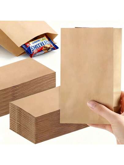50/100pcs Brown Kraft Paper Bags, Durable Storage Bags, Party Gift Bags, Suitable For Snacks, Cookies, Burgers, Small Businesses, Grocery Stores, Takeout Packaging, Great For Parties, Weddings, Summer Evenings, Back To School, National Holidays, Halloween, Christmas