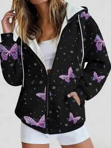 Butterfly Print Hoodie Sweatshirt, With Drawstring, Casual Zip-Up Long Sleeve Hooded Jacket, Suitable For Autumn/Winter, Plus Size Women Spring - Purple - View 3