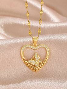 1 pieza Colgante de mariposa elfa con forma de corazón de circonita cúbica exquisita y retro de lujo, cadena de acero inoxidable dorado para clavícula para mujer para uso diario, para amigos, novia, familia, hija, regalo de San Valentín, cumpleaños - Dorado - Ver 9
