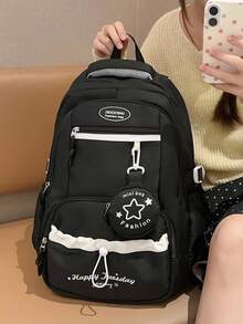 大容量字母印花防水多口袋抽绳功能背包，女士便携式学院风学生书包，带小圆袋，适合上学、通勤、旅行、返校季使用。 - 彩色 - 查看 4