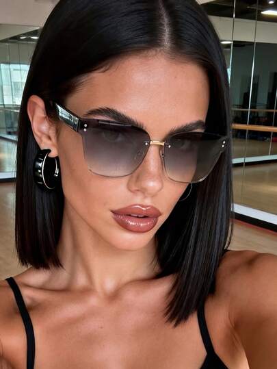 1副超大号女士时尚太阳镜，无框个性化眼镜，夏季度假旅行沙滩配饰，方形