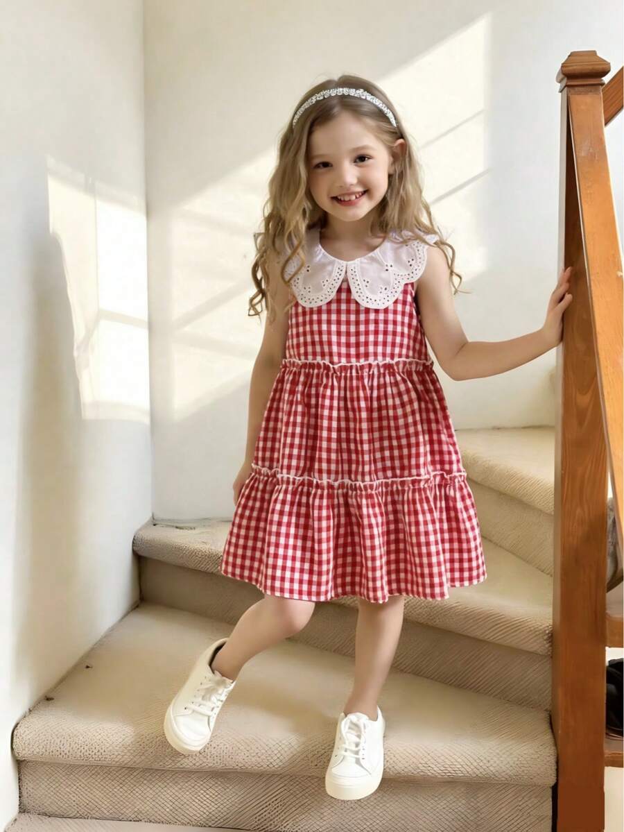 Girls Red & White Plaid Dress With Large Collar, Classic Retro Gingham Pattern, Layered Ruffle Hem Design, Cute & Charming For Birthday Party Or Outdoor Picnic, Spring/Summer - Red - View 1
