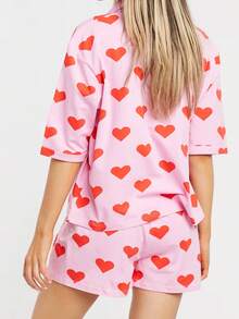 Women's Valentine's Day Lounge Set Short Sleeve Heart Print Shirt Shorts Sleepwear Sets - Pink - View 3