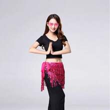 Sequin Belly Dance Scarf Tassel Wrap Sparkly Fringe Skirt With Pair Heart Party Rave Costume Women - 玫紅色 - 查看 7