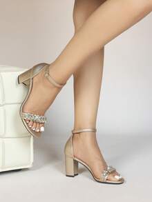 Women's Fashion New Comfortable Evening Party Vacation Nude Strap High Heel Roman Thick Heel Party Rhinestone Banquet Sandals,Spring Summer Outfits - Champagne - View 6