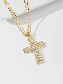 1pc European & American Classic Copper Inlaid Zirconia Lucky Cross Pendant Necklace, Limited Edition "Light Of Protection", Suitable For Christmas/Thanksgiving/Halloween/Mother's Day/Valentine's Day Gifts For Couples/Friends/Godparents, Catholic First Communion, Gifts, Daily & Holiday Wear For Prayer - Yellow Gold - View 2