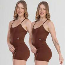 Set Of 2 Fitness Jumpsuits, Backless, Zero Transparency, For Gym, Crossfit - 2x Capuccino - View 2