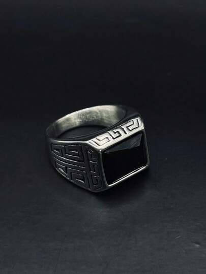 Dedeira Masculina Quadrada com Pedra Preta - Aço Inoxidável