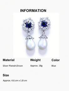 一对优雅的白色珍珠吊坠耳环，镀银立方氧化锆首饰，适合新娘、伴娘、订婚、宴会、派对、舞会、情人节、生日、周年纪念日等场合佩戴。 - 1pcs of Earrings - 查看 14