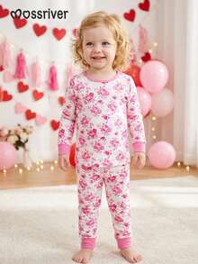MOSSRIVER Baby Girls Pink Bow And Floral Print Long Sleeve Tee & Pants Set - Sweet Mother's Day/Father's Day Outfit - Màu Hồng baby - Xem 1