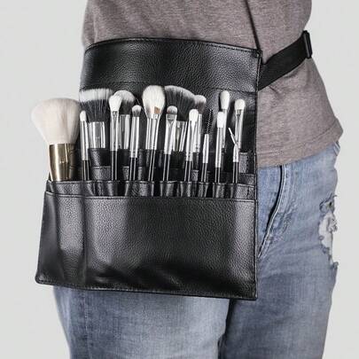 Black PU Single-Sided Waist Bag, Makeup Brush Bag, Essential For Makeup Artists, Shoulder Strap Brush Holder, Portable,Pouch,Makeup Pouch,Travel Essential