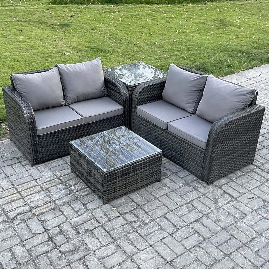 Fimous Rattan Sofa Set Outdoor Garden Furniture Set With Square Coffee Table Loveseat Sofa Side Table Dark Grey Mixed - Dark Grey - View 1
