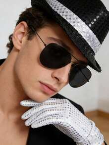 3pcs Music King Costume Set, Includes Hat, Sequin Gloves, Sunglasses, Adult Costume For Party, Halloween, Skeleton Dance King Outfit