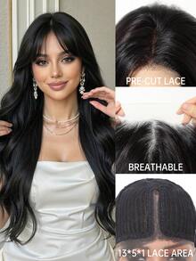 TOPSHE 13*5*1 T型蕾丝前假发，24英寸柔软黑色无刘海假发，耐热合成纤维，适合日常、派对、旅行、角色扮演、圣诞节及其他场合。 - 黑色 - 查看 3