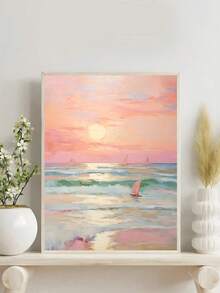 1件高品質海洋衝浪印花，極簡加州海灘藝術，粉色暮色海濱繪畫，適合臥室、客廳、宿舍，牆面藝術、牆面裝飾、家居裝飾、房間裝飾，畫布牆面藝術，海報，附框牆面藝術，可選框 - 彩色 - 查看 4